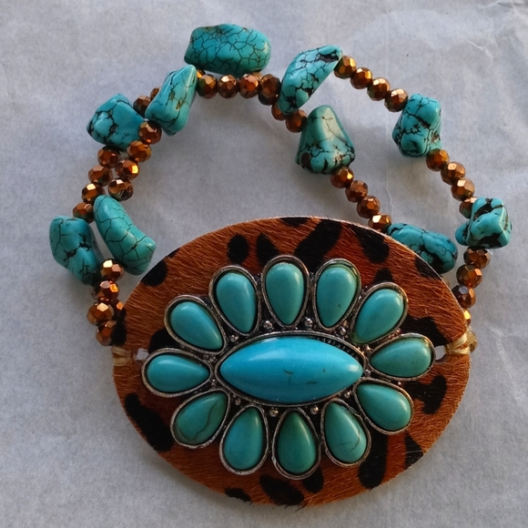 Turquoise Leather Bracelet with Beads and Turquoise Chunks - Picture 3 of 3